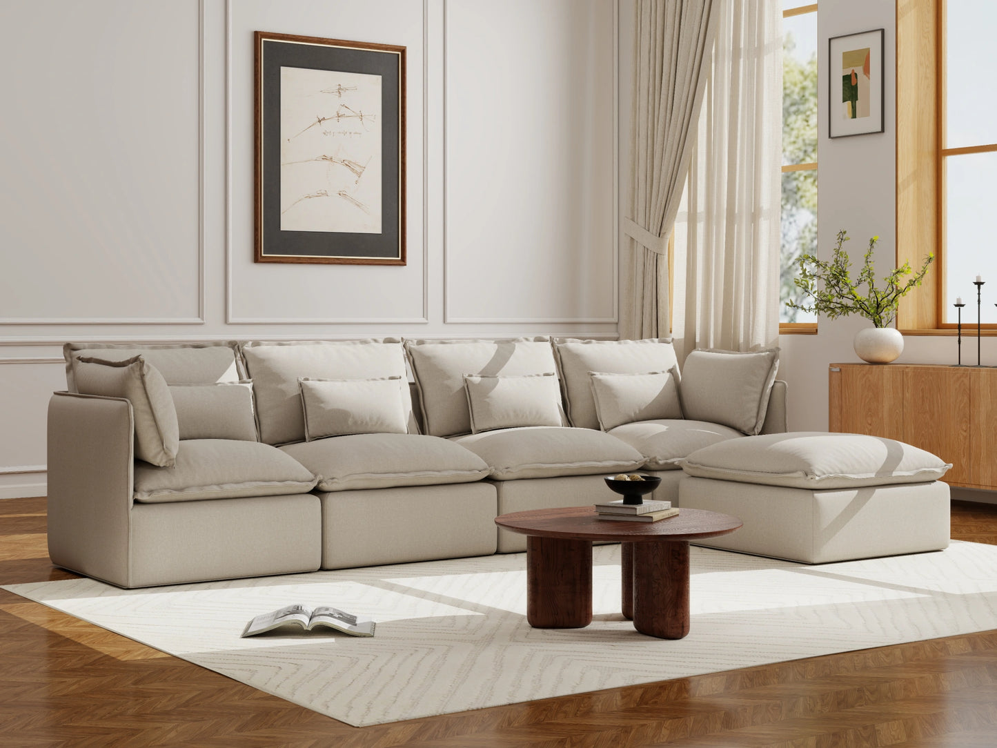Lifely Modular 4 Seater Sofa Ottoman - Linen Beige