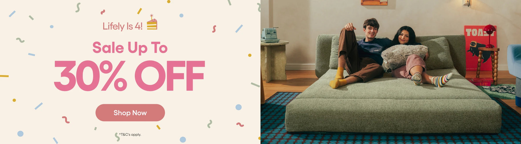 Promotional banner with a large sale message reading 'Lifely is 4! Sale Up To 30% OFF' on the left, and a lifestyle scene on the right showing a couple relaxing on a green sofa in a modern living room.