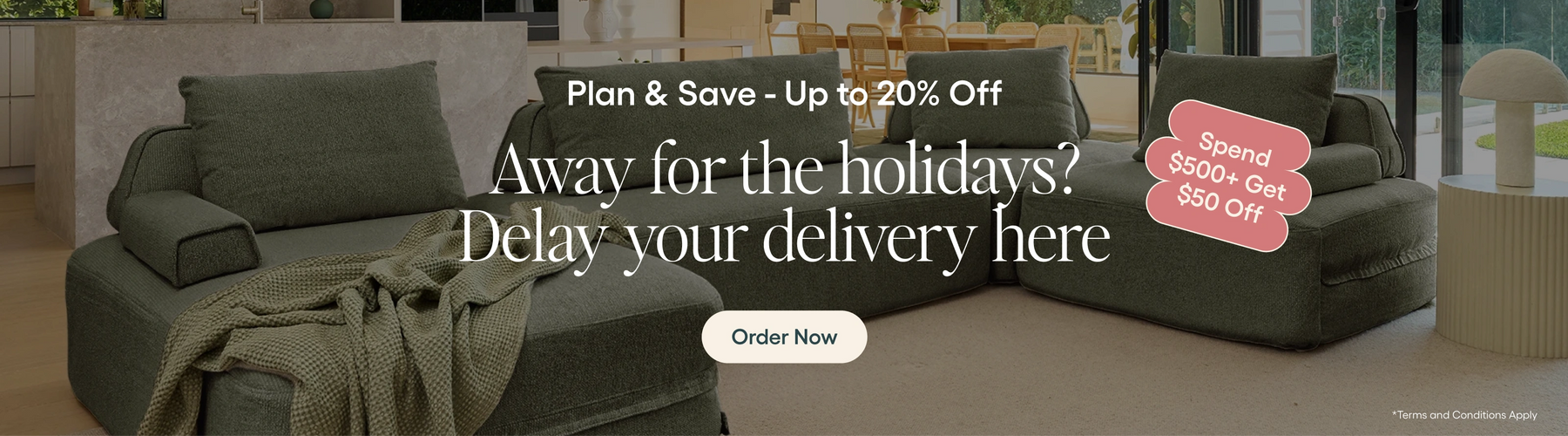 Promotional banner for a furniture store with a couch and chair, offering a discount on delayed deliveries.
