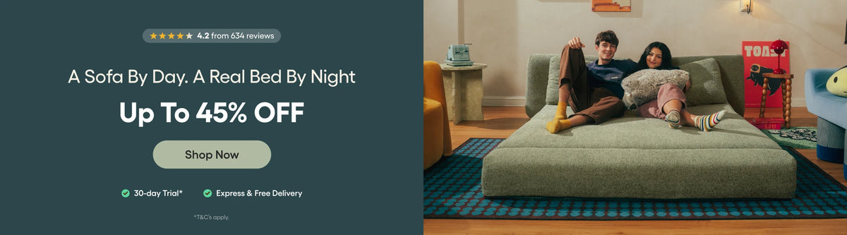 Promotional banner for a sofa bed. The left side has a dark teal background with text reading 'A Sofa By Day.