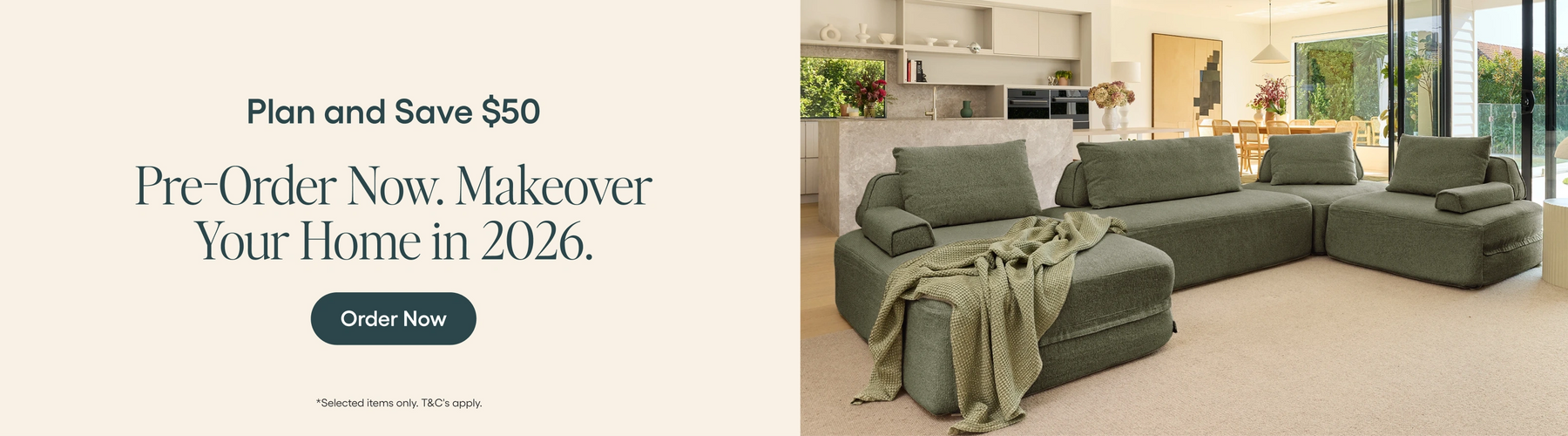 Green sectional sofa in a living room with promotional text for pre-ordering home makeover.