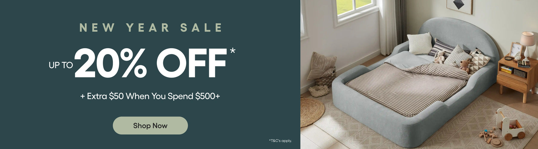Advertisement for a new year sale with a bed and room decor on a dark green background.