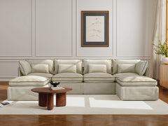 4 Seater / U-Sectional / Cream With Brown Piping