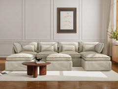 4 Seater / U-Sectional + Ottoman / Cream With Brown Piping
