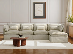 4 Seater / Sofa + Ottoman / Cream With Brown Piping