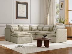 5 Seater / Corner + Ottoman / Cream With Brown Piping