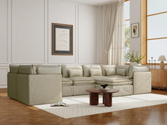 7 Seater / U-Sectional + Ottoman / Cream With Brown Piping