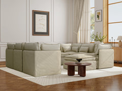 8 Seater / U-Sectional + Ottoman / Cream With Brown Piping