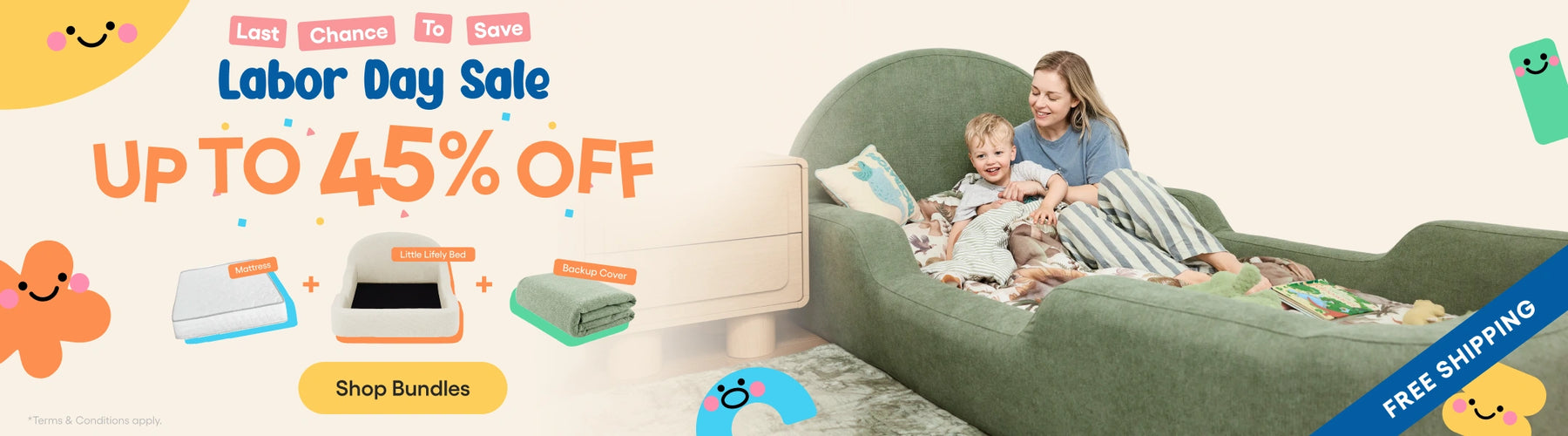 Promotional banner for a Labor Day Sale featuring a woman and child relaxing on a green loft bed, with sale text 'UP TO 45% OFF' and small product bundle graphics on a light beige background.