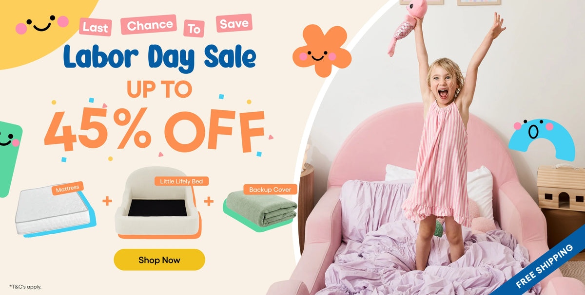 Labor Day Sale promotional banner with a young girl jumping on a pink bed, alongside product illustrations and sale text reading 'Last Chance To Save Labor Day Sale UP TO 45% OFF' and 'Shop Now'.